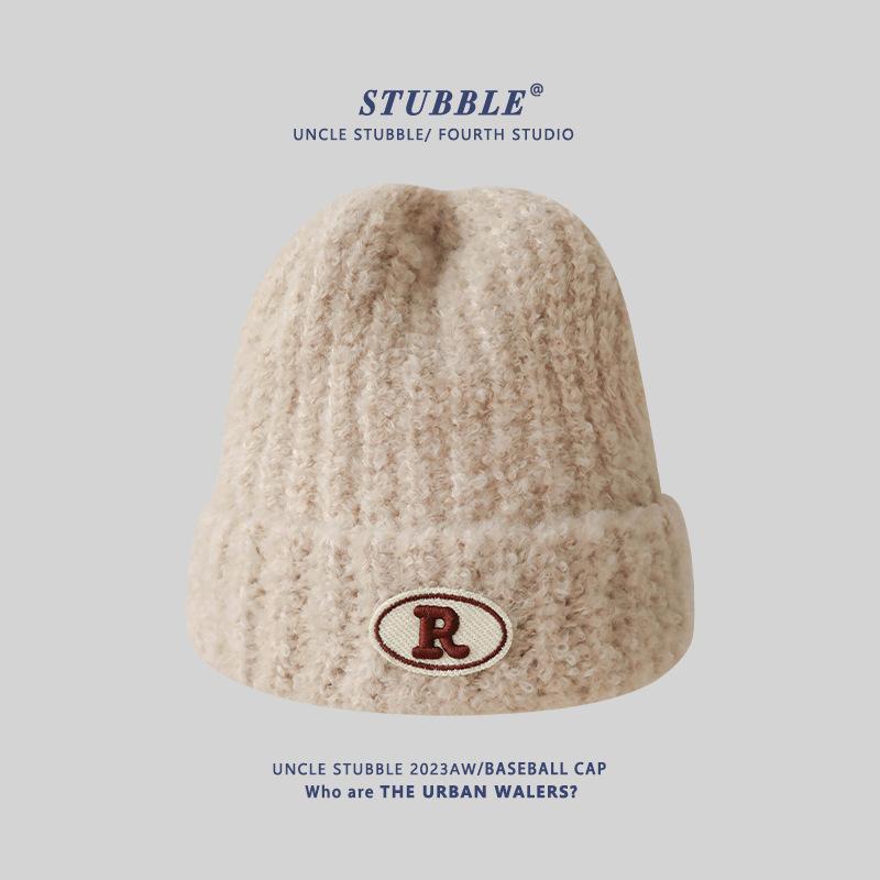 Warm Knitted Hats for Men and Women R Marked Face-showing Small Woolen Hats  Pile Hats for Couples  Outdoor Pullover Cold Hats
