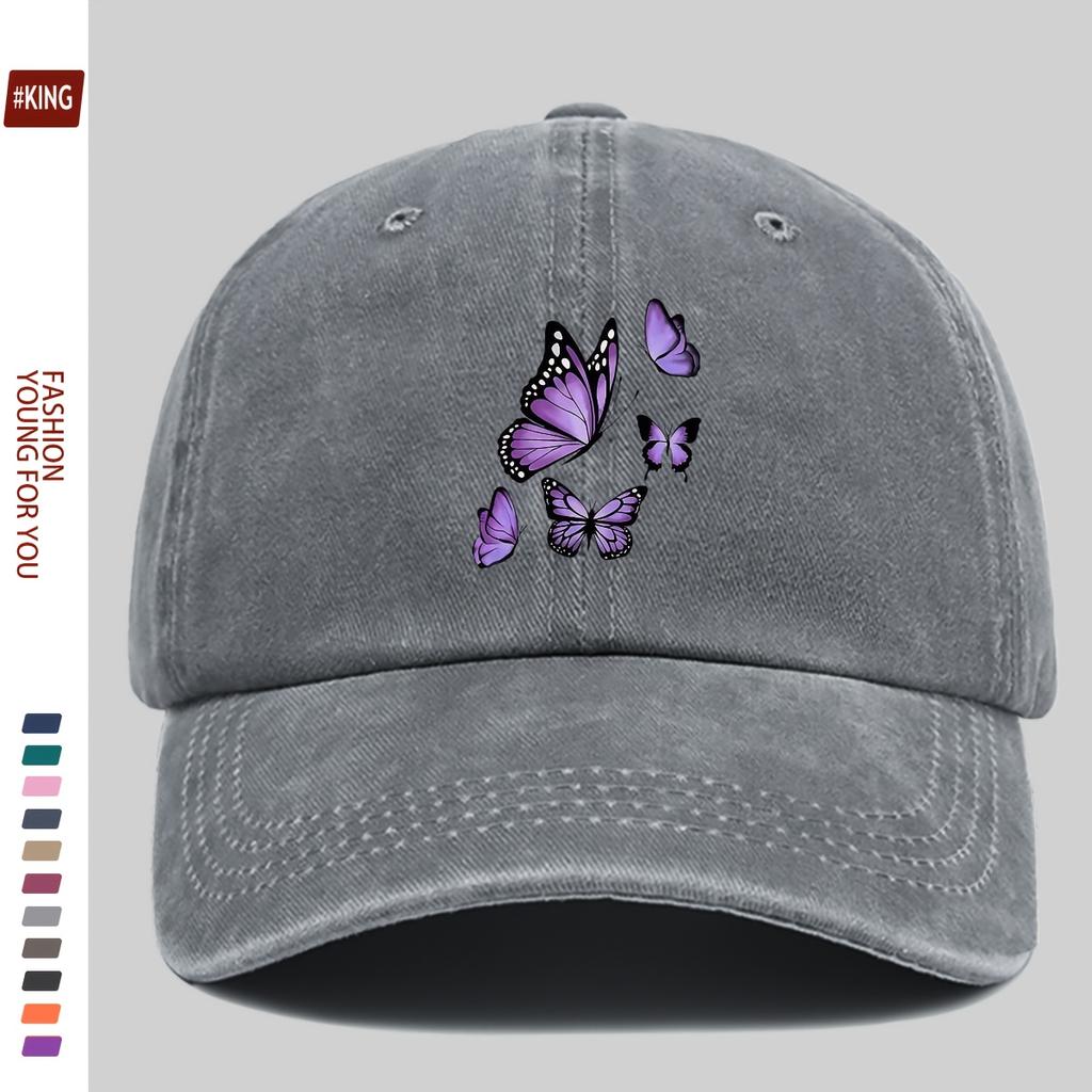 New Simple Versatile Butterfly Print Washed Vintage Soft Top Sunshade Baseball Cap Unisex Baseball Cap