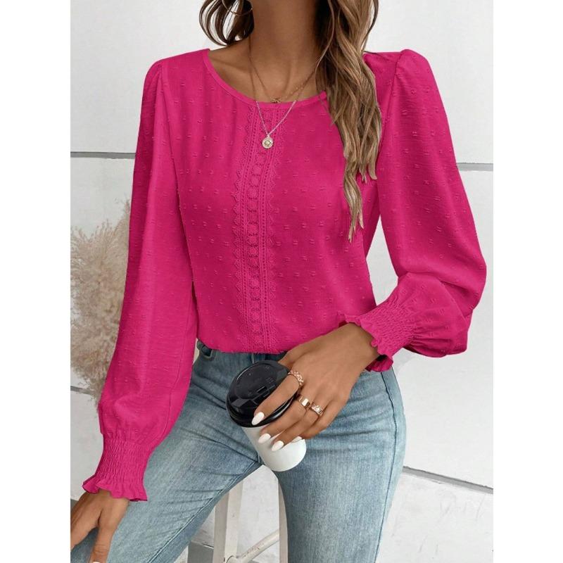 Elegante Dames Ronde Hals Kant Blouse Nieuw Lange Mouw Kantoor Casual Shirt Effen Kleur Tops Lange Mouw Lente Herfst Eenvoudige Zoete Kleding
