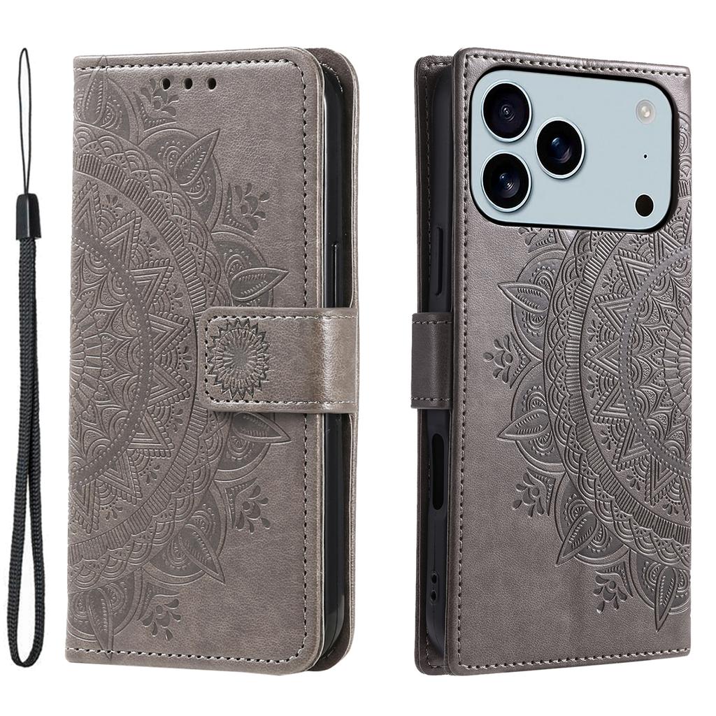 For iPhone 17 Pro Max Stand Case Imprinted Totem PU Leather Wallet Phone Cover with Wrist Strap