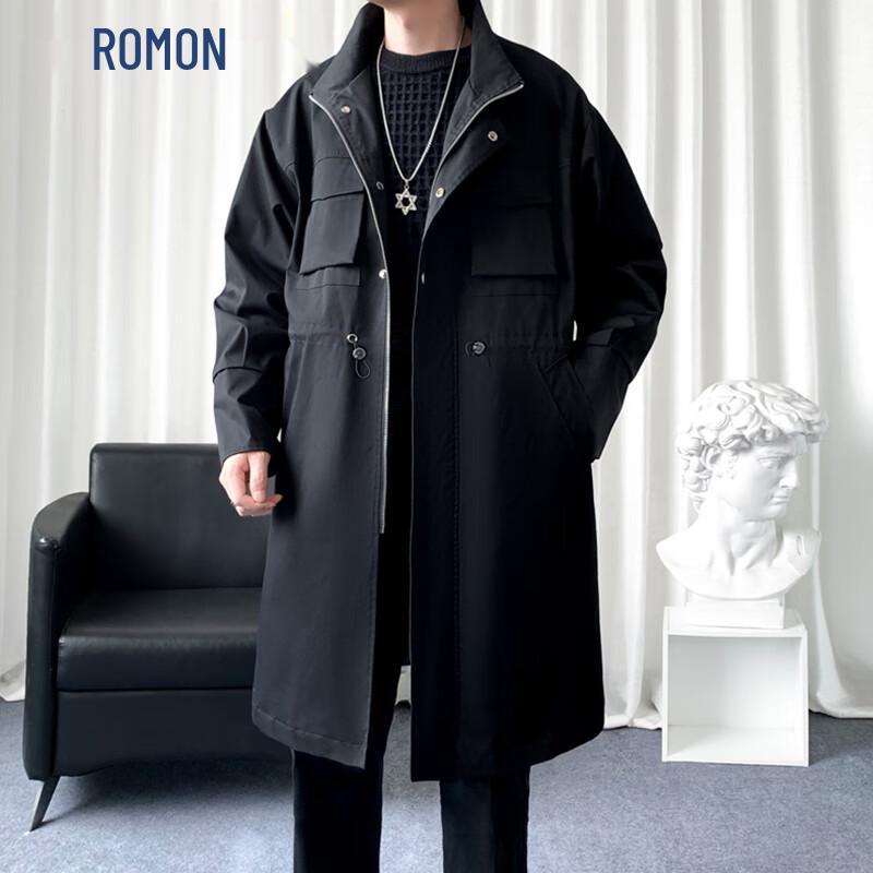 ROMON Men's British Style Mid-Length Business Stand Collar Trench Coat