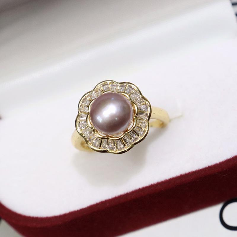 High Luster Freshwater Pearl Ring with Slight Imperfections, 8-9mm, Open Design, 18K Gold Plated, Cubic Zirconia Accents