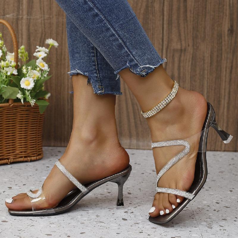High-heeled cool slippers women's summer new large-size fish mouth foot cover rhinestone transparent slippers