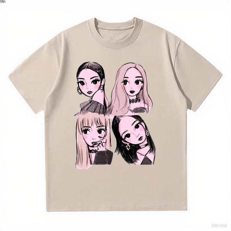 2025 New Korean Kpop BP Pink Girls Graphic Harajuku T Shirts Loose and Comfortable Heavy Cotton Tee Women's Fashion Casual Top