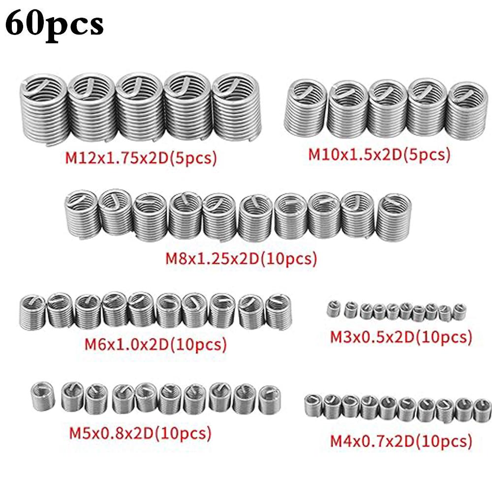 

60Pcs Wire Thread Insert Thread Repair Kit Fastening M3-M12 Stainless Steel Spiral Wire Screw for Helical Repair Easy Install