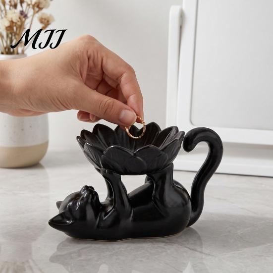 Gifts for Women Girls 3D Printed Lazy Lying Cat Lotus Jewelry Tray, Cute Figurine Desktop Organizer Tray Trinket Dish, Catchall Rings Earrings