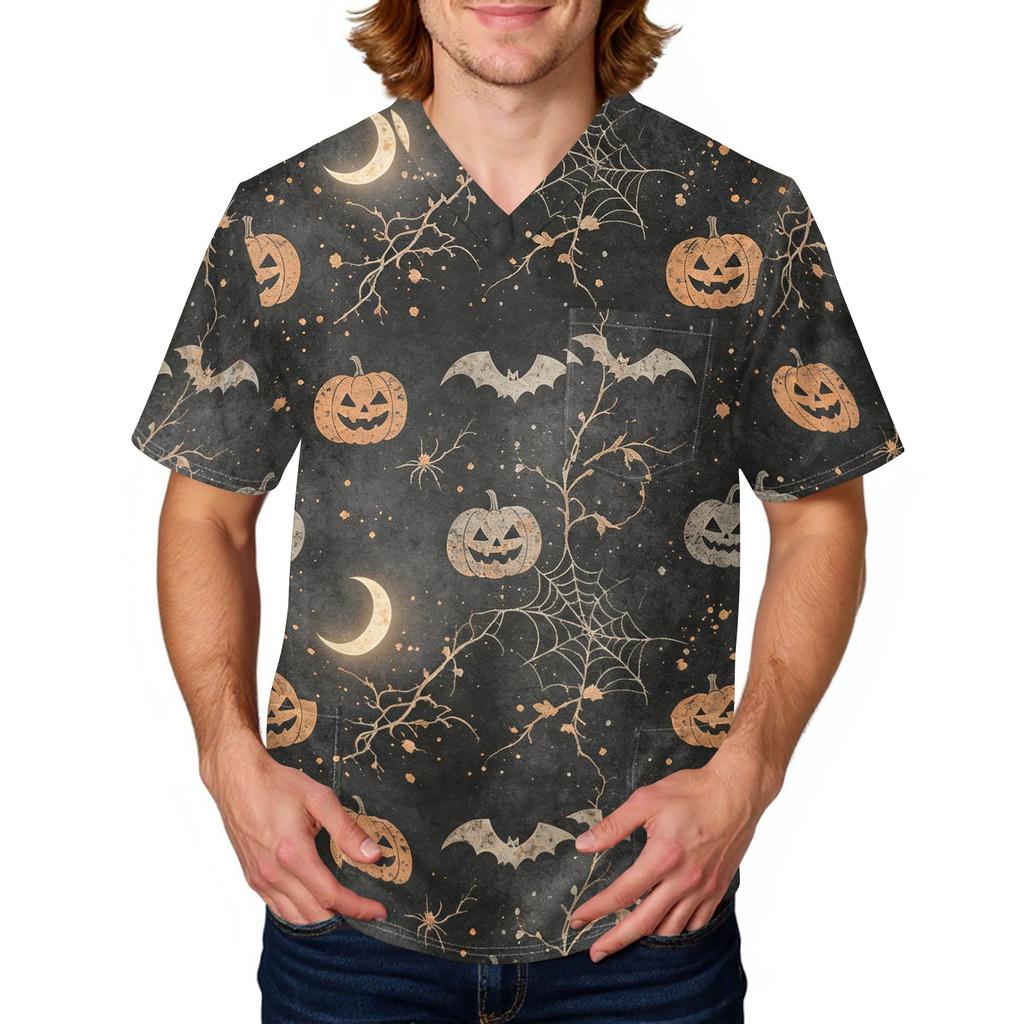 Men's Halloween Print Medical Scrub Top V Neck Pocket Design Comfortable Fit Daily Workwear for Healthcare Professionals