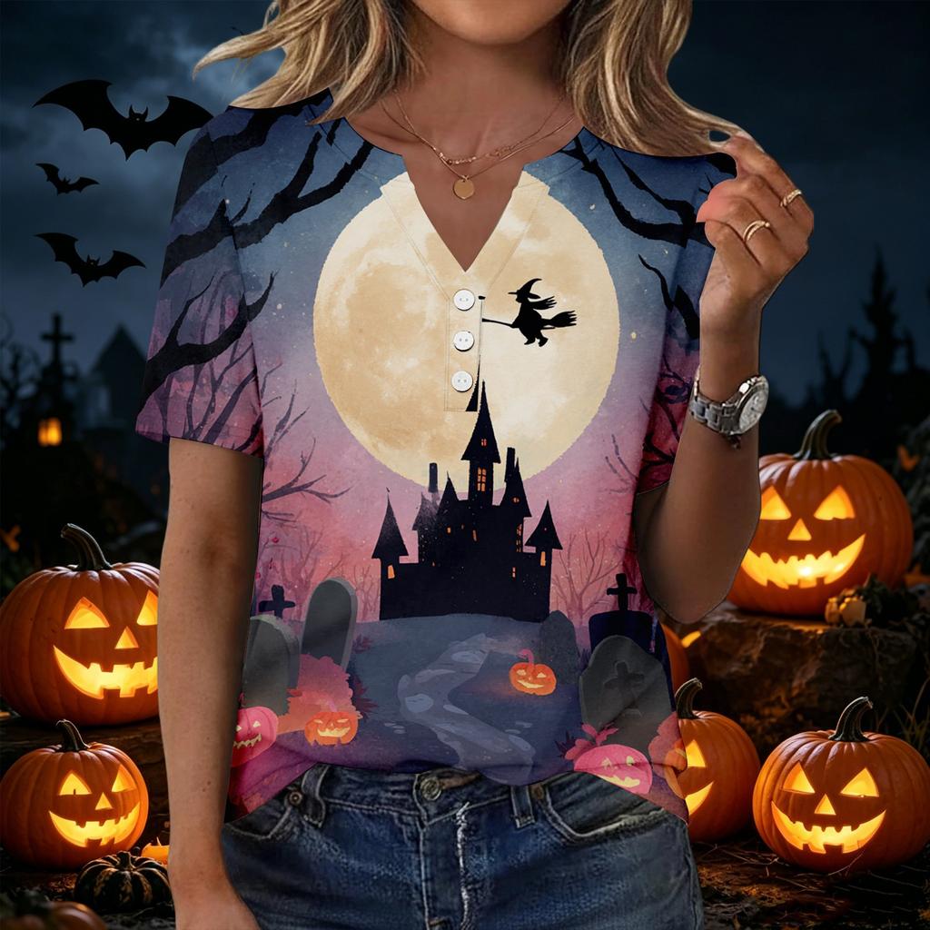 Women's Casual Halloween Print V Neck Short Sleeve Button Front Top Lightweight Comfortable Fit
