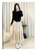 Women's Black Gold Velvet A-line Pleated Midi Skirt, High Waist, Spring/Autumn 2026