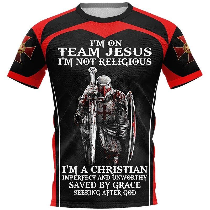 Rundhalsad 3D-tryckt T-shirt med Tempelriddare, Casual Kortärmad Herr-T-shirt - Mjukt Medium Stretchigt Polyestertyg, Sommar, Avslappnad Passform