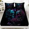 3pcs Fitted Sheet Set Gothic Style Skull Flowers Print 100% Polyester Breathable Bedding Set for Home Decor with 2 Pillowcases