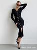 Women's V-Neck Knit Dress with Metal Buttons and Waist Belt, Side Slit, Casual Elegant Long Sleeve Sweater Dress