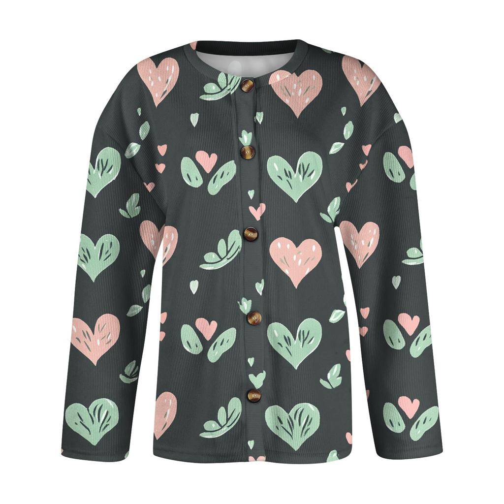 Kvinners Valentine's Day Print Langermet strikket Cardigan Button Jacket
