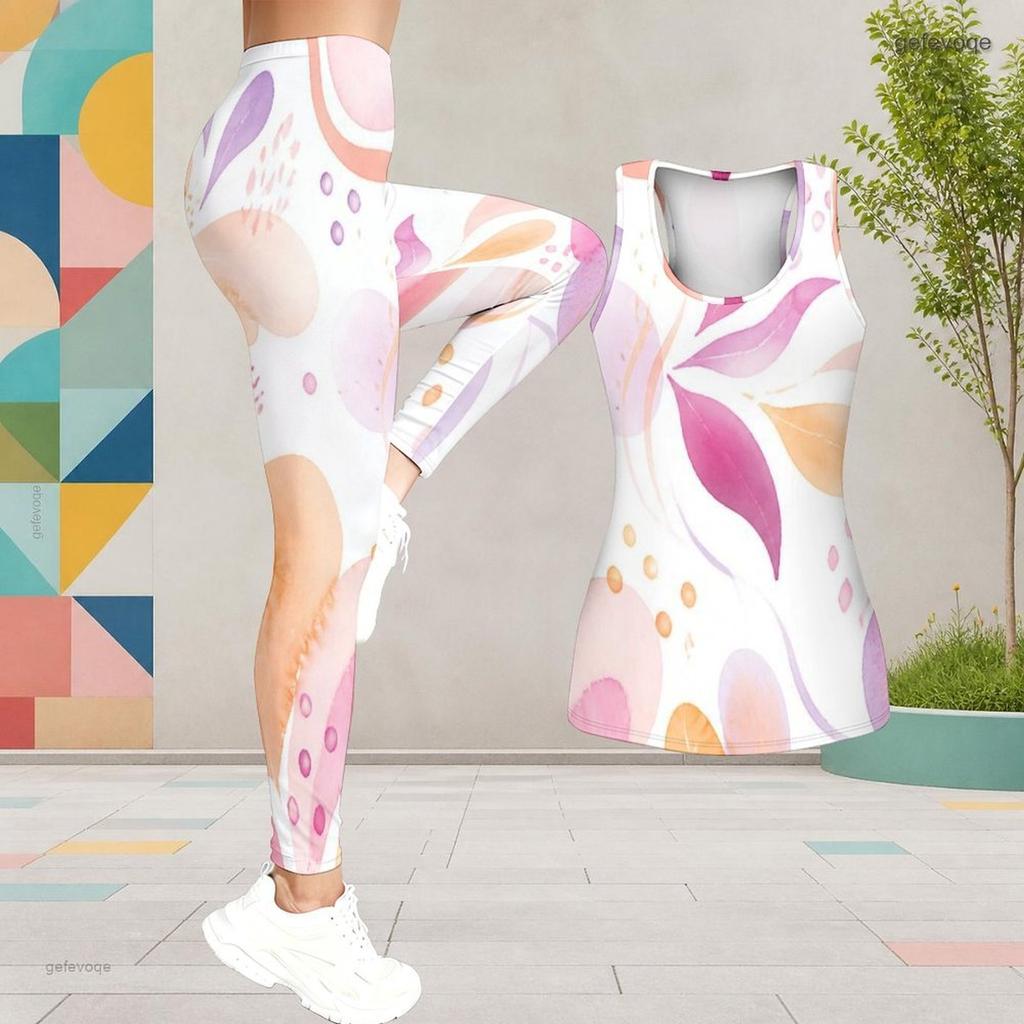 Women Plus Size Two Piece Set Scoop Neck Sleeveless Longline Tank Top Printed Fitted Pants
