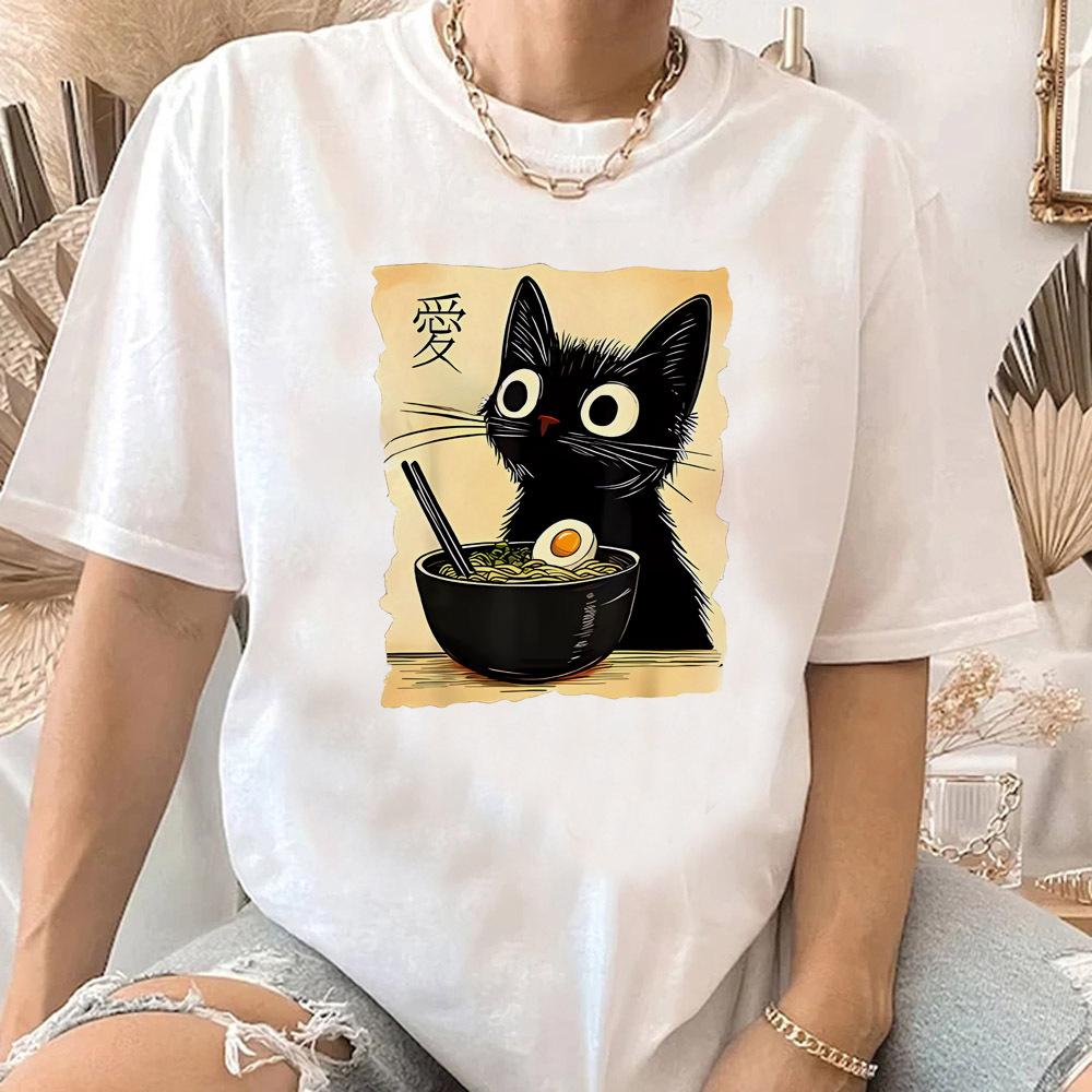 Nudel Ramen Katze Shirt Teen Popkultur Grafik Bequem Gothic Vintage Klassisch T-Shirt Damen 80er Bequem 2000er kawaii
