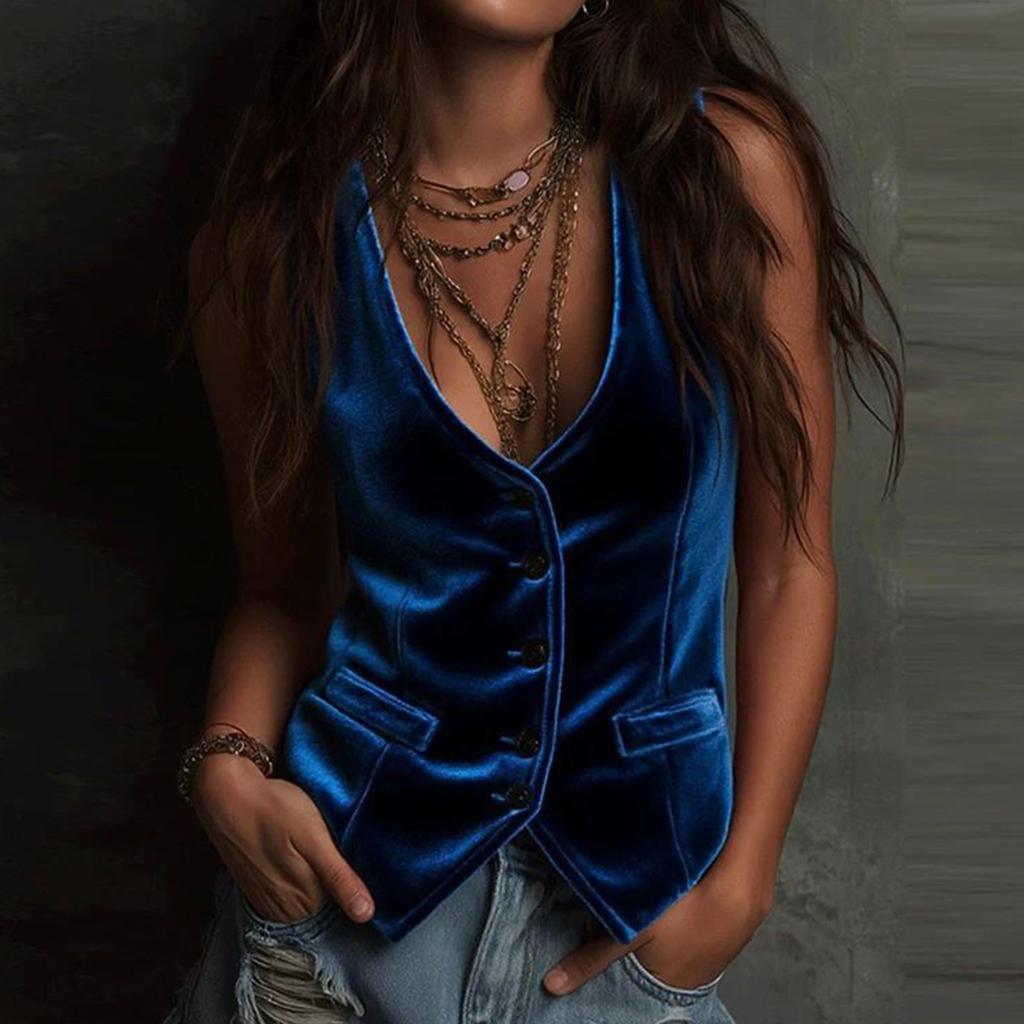 Women's Velvet Sleeveless Button Down Vest V-Neck Casual Solid Color Tank Tops