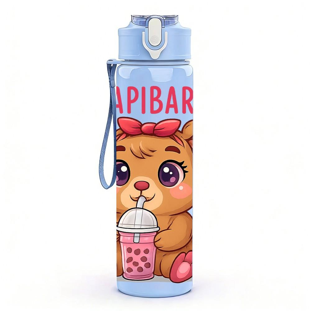 1PC Cute Capybara Drink Coffee Pattern 750ml Color Plastic Sports Water Bottle Leakproof Flip Straw Lid Suitable for Sports Office Home Use