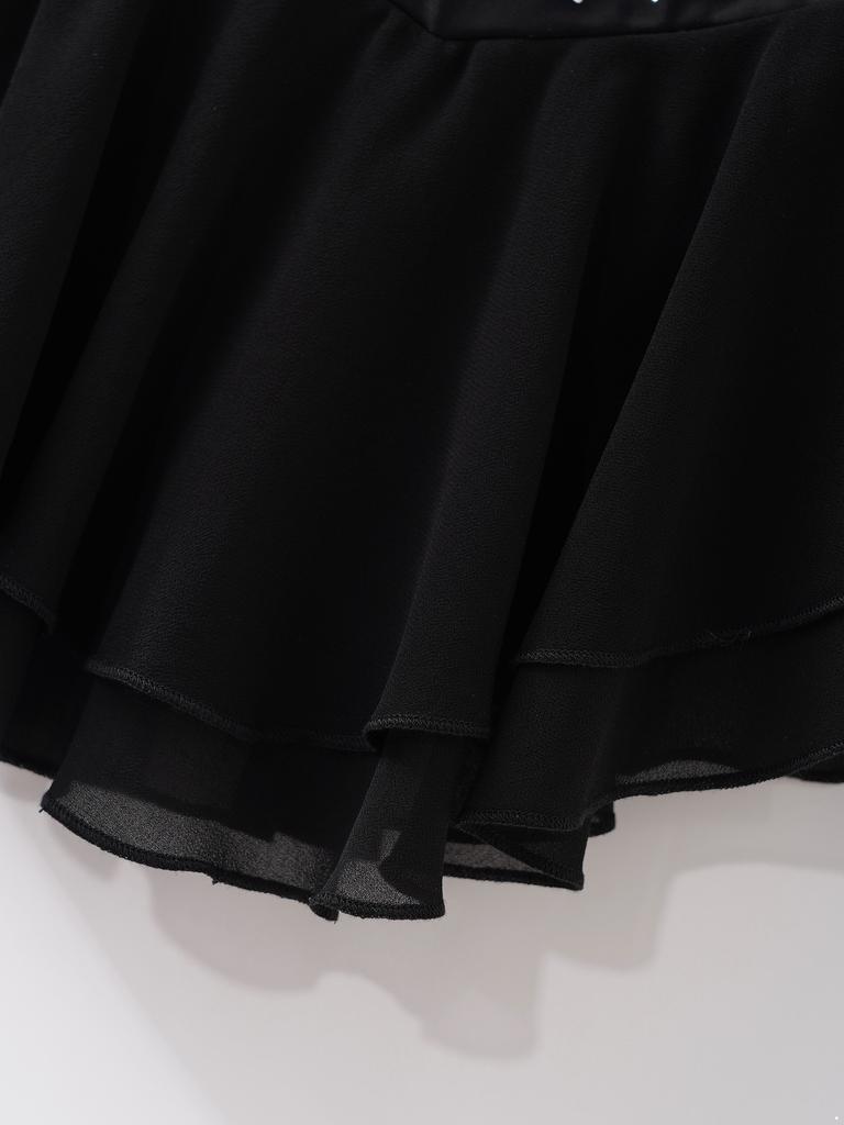 Girls Color Block Sheer Mesh Patchwork Dress Sleeveless Shiny Rhinestone Design Figure Skating Performance Gown