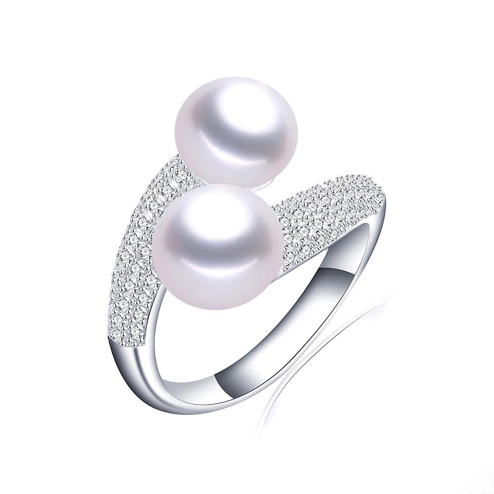 New Double Pearl Adjustable Natural Freshwater Pearl Original 925 Silver Zircon Women's Ring Fine Bridal Jewelry