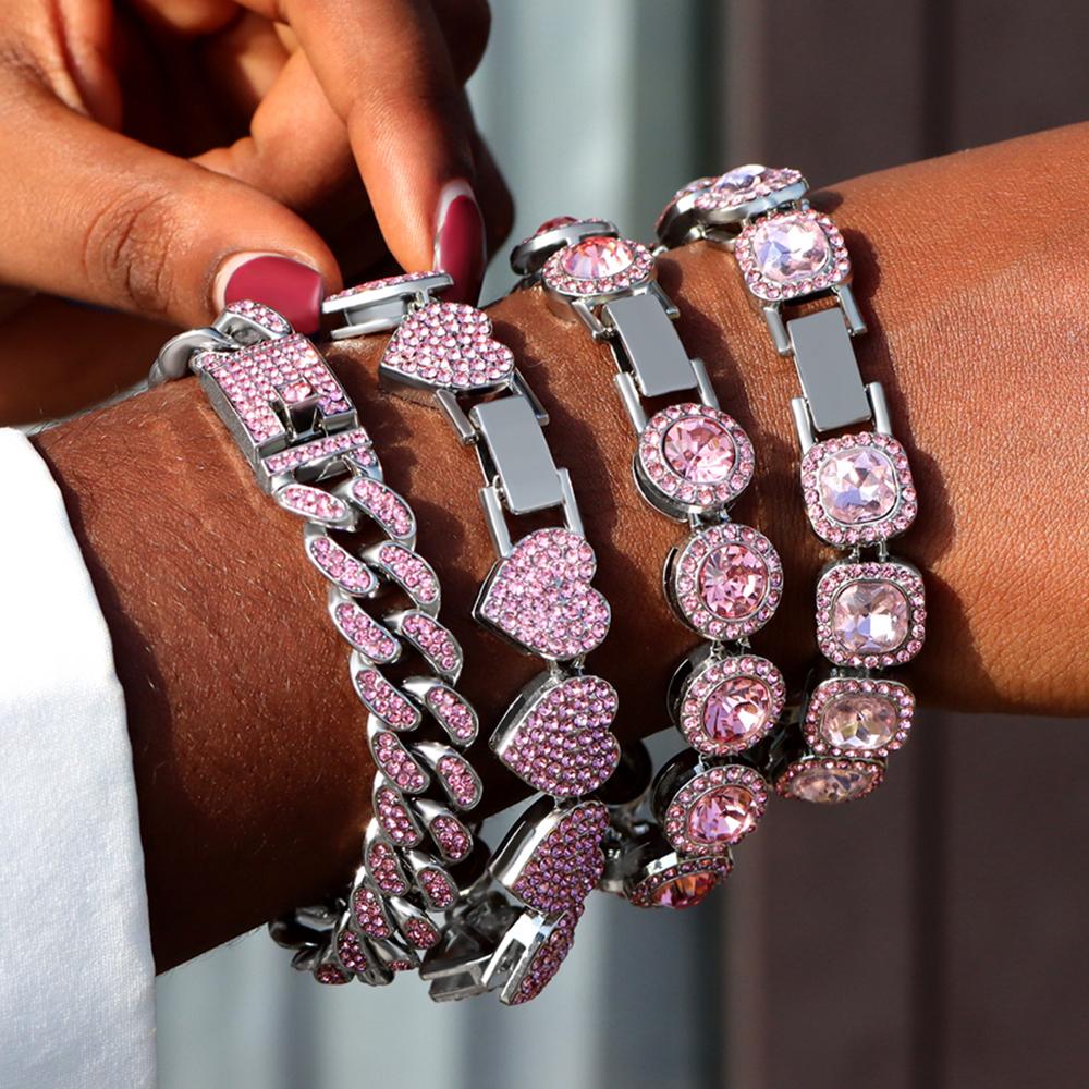1Pcs Pink Rhinestones Miami Cuban Chain Bracelet for Women Men Iced Out Chunky Tennis Bracelets Fashion Gifts Jewelry Wholesale