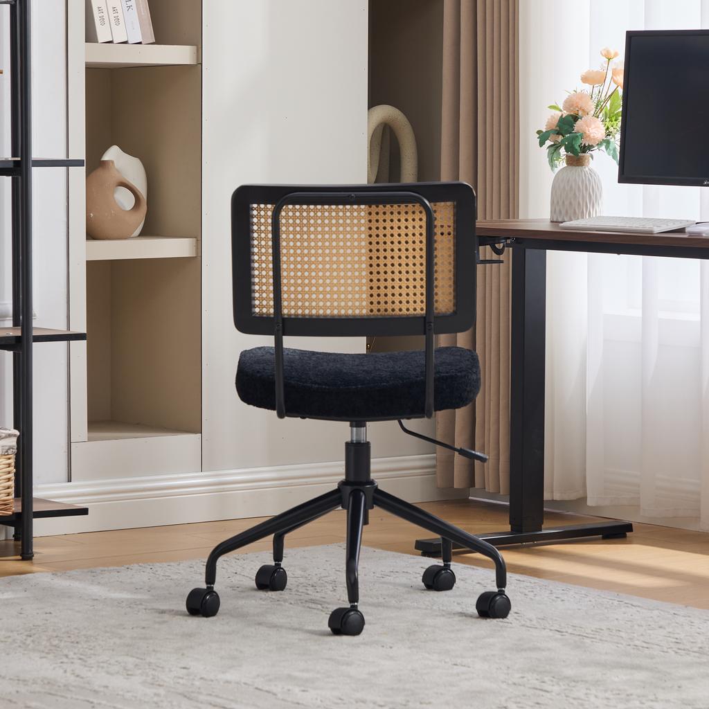 Vintage Rattan Office Chair with Wheels - Adjustable Swivel Desk Chair with Chenille Fabric Seat & Wooden Frame for Home Office, Living Room-Black