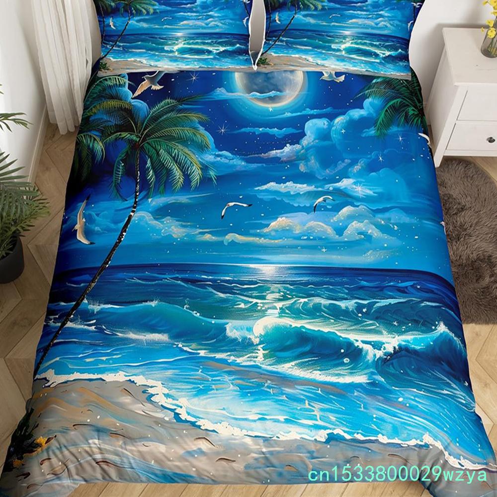 Seaside Town Landscape Bedding Set Flowers Rustic Duvet Cover Coastal Style Island Comforter Cover Ocean Scenery Quilt Cover