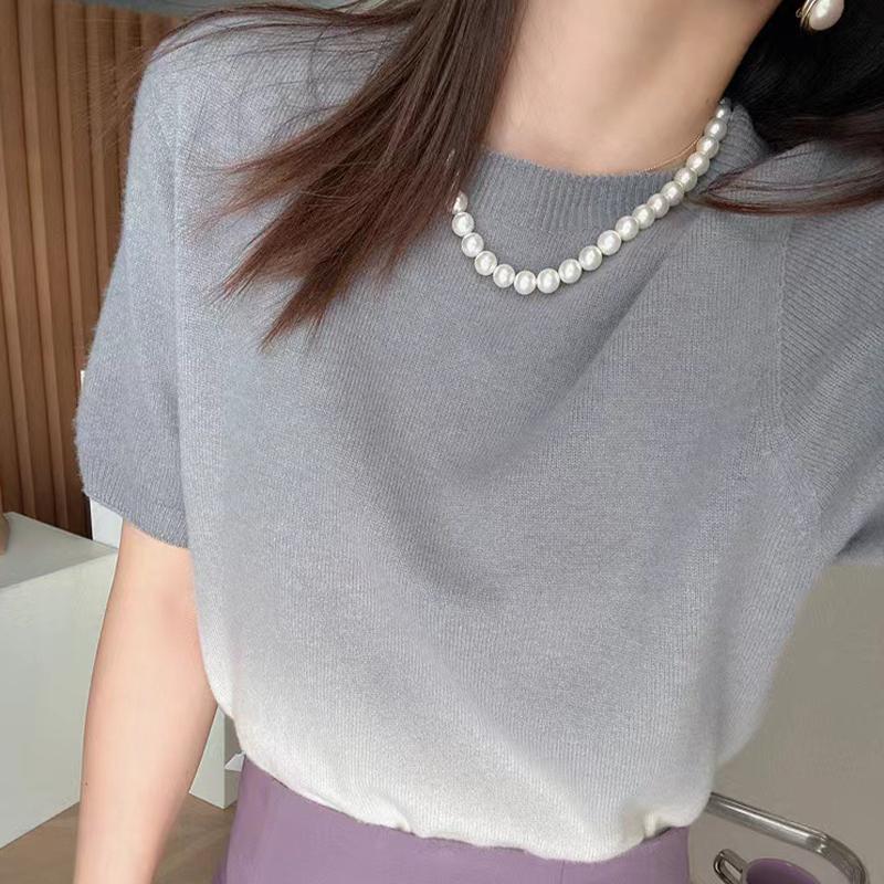 Women's Tops Gradient Colour Short Sleeve Knit Sweater Round Neck Loose Bottom Shirt