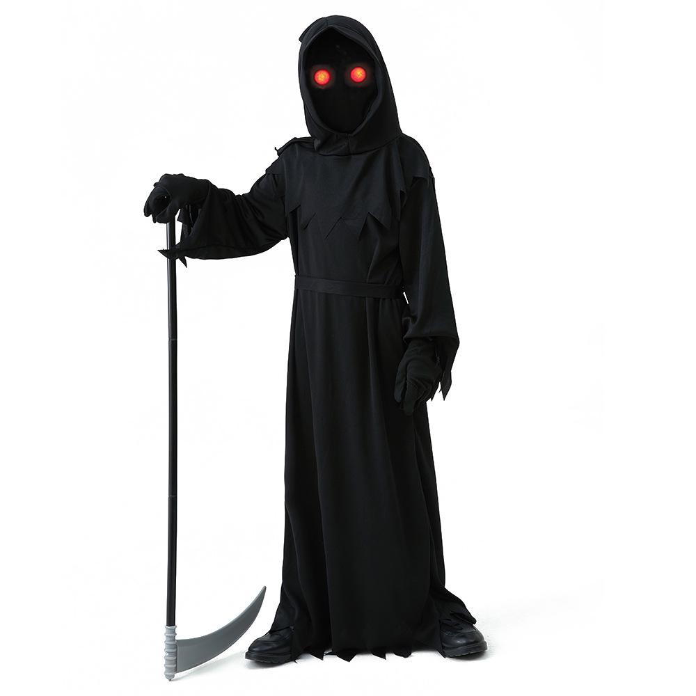 Children's Halloween Grim Reaper Costume with Red Light Eyes and Scythe