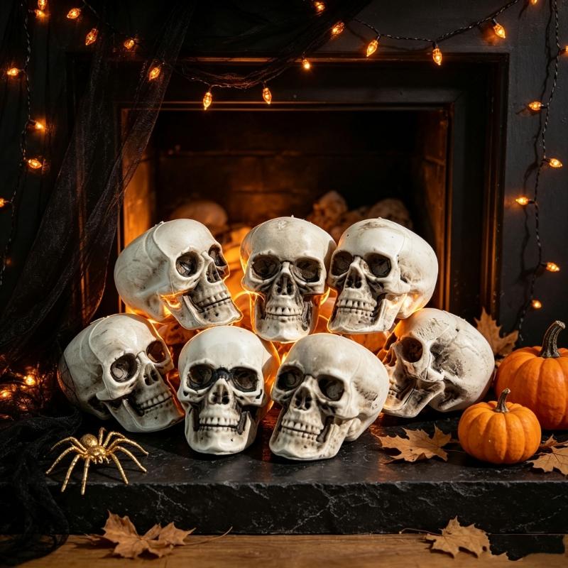 Plastic Mini Skulls for Repeat Use, 10-Piece Halloween Decoration Set That Rinses with Water for Tables, Shelves, and Seasonal Displays