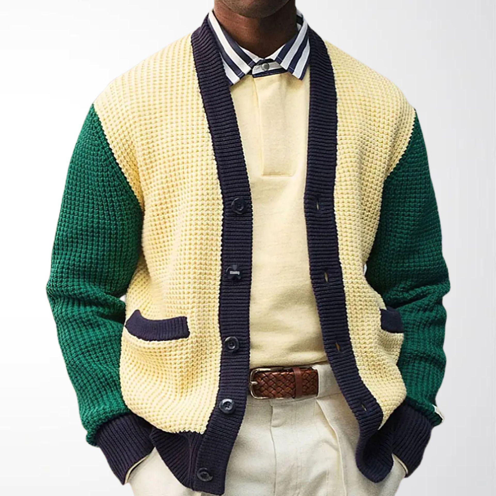 

Youth Men s Color Block Cardigan Sweater - Thick Wool Knitwear for Autumn & Winter (SY0193) Double Extra Large жовтий