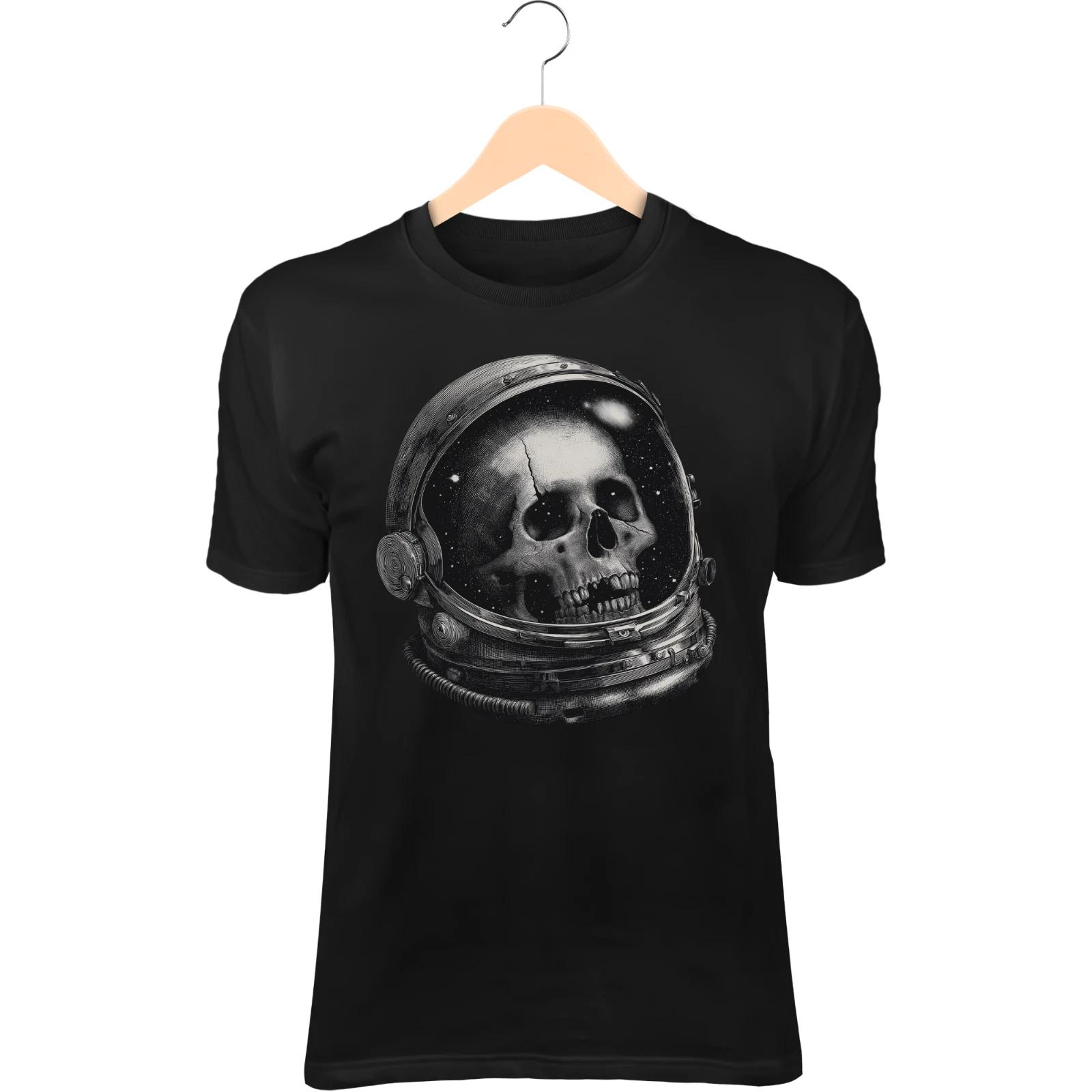 Skull Astronaut T-Shirt – Cracked Helmet, Black Hole, Stars & Bones M