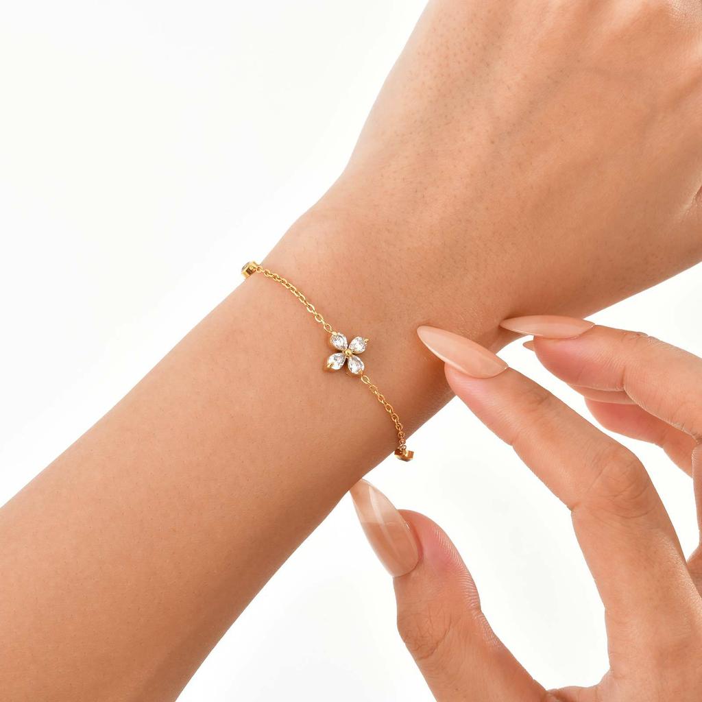 Wind Stainless Steel Shiny Zircon Flower Bracelet 18K Gold, Fashionable Light Luxury High-End Jewelry Br-2653