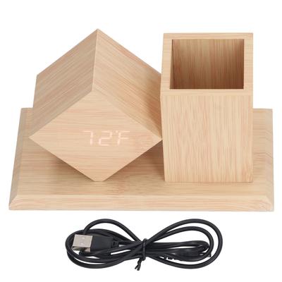 Stifthalter Uhr Sprachsteuerung HD LED-Anzeige USB Batteriebetrieben Holz Digitaler Wecker mit