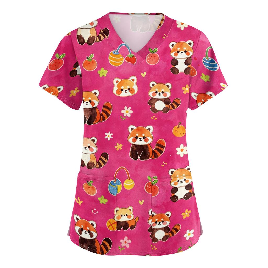 Damen V-Ausschnitt Kurzarm Arbeits-Top mit Taschen Tierprint Kasack für medizinisches Fachpersonal Bequeme Passform