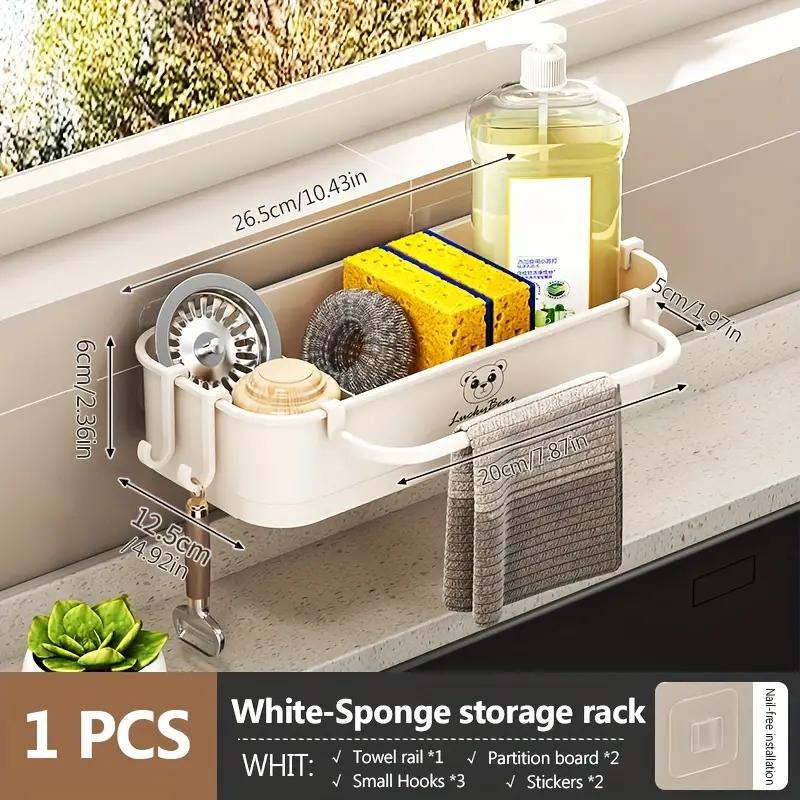 Wall Mount PP Plastic Kitchen Sink Drain Rack No Drill Sponge Soap Holder Slide Out Drip Tray Towel Hook Bathroom Organizer