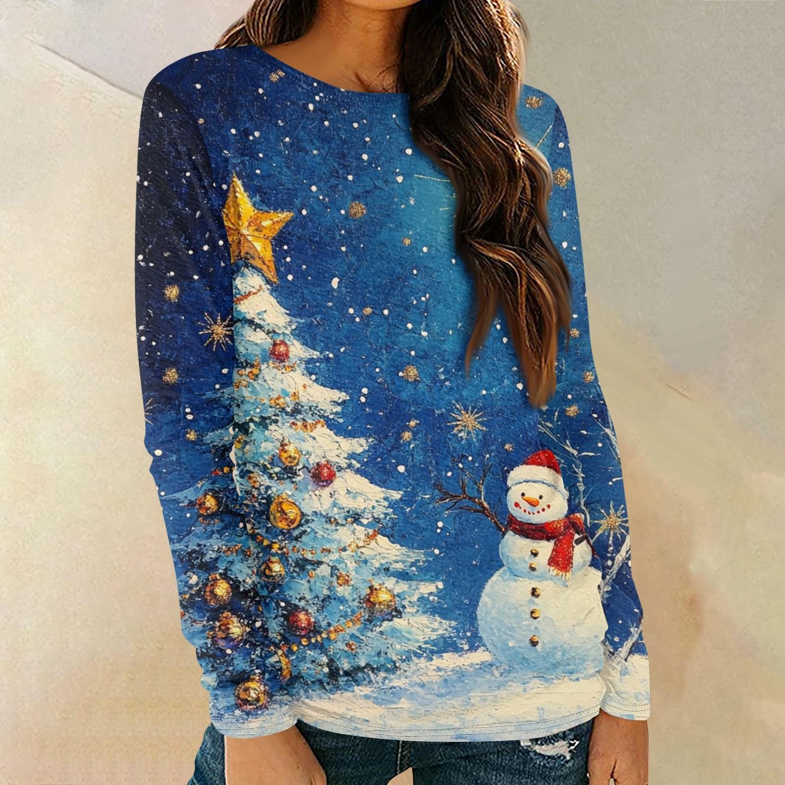 

Жіночий модний пуловер із глибоким рукавом і різдвяним принтом XL синій