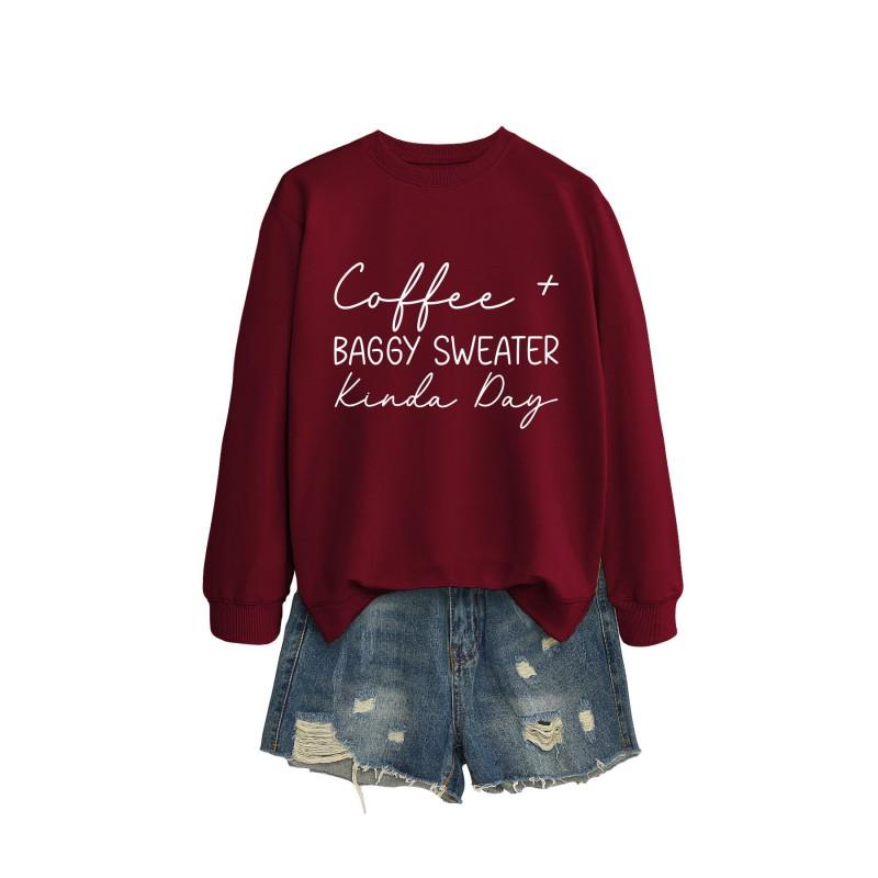 Womens Oversized Round Neck Long Sleeve Cotton Blend Casual Sweatshirt With Print - Loose Fit Comfort Top
