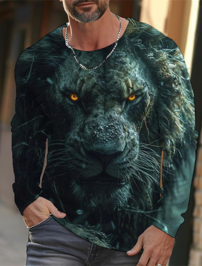 Camiseta de manga larga con estampado de león para hombre, ropa informal para hombre, camisetas de moda con estampado 3D completo de animales, ropa de calle