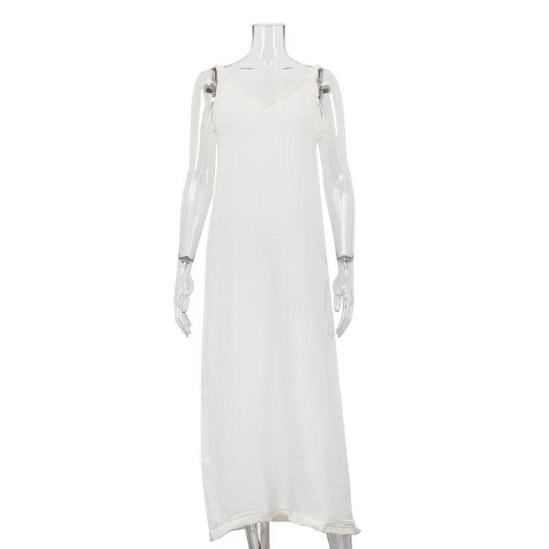 

Fashion Style Fashion Minimalist Casual Suspender Dress Cotton Champray V Neck Split Dress Suspender Dress White S