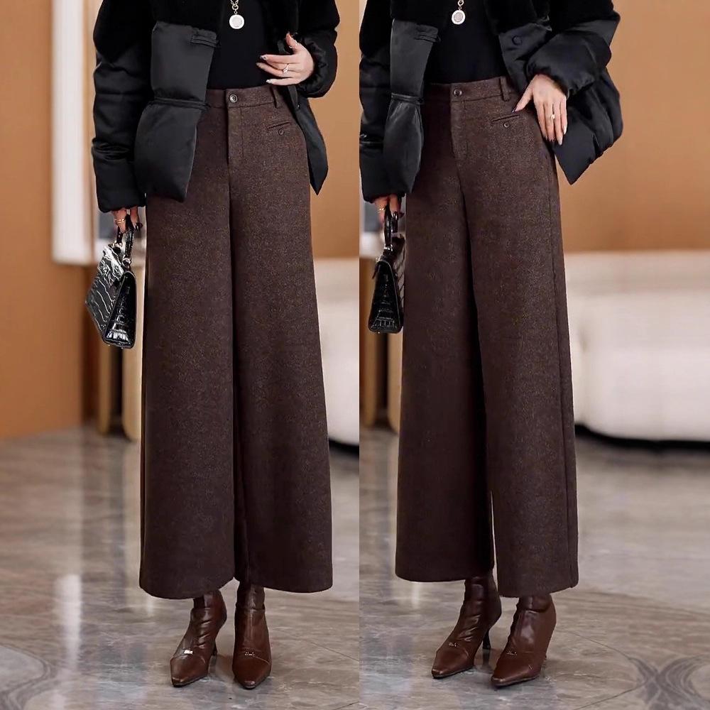 Women's Woolen Wide-Leg High-Waist Pants with Velvet, Autumn/Winter 2025 - Thick, Loose, Straight Leg Design for Small Heights