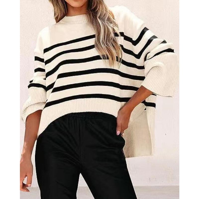 Women's Striped Drop Shoulder Sweater, Oversized Batwing Sleeve Knit Top with Soft Yarn, Boho Chic Loose Fit Pullover for Casual Wear
