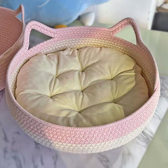 Cat Bed Basket Cotton Rope Woven Pet Bed for Indoor Cats Scratchable Round Pet Sleeping Basket for Cats Puppies Rabbits