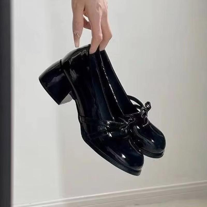 Spring/autumn Mid Heel Mary Janes Square Toe Square Heel  Sale Ladies Shoes New Solid Butterfly-knot Fashion Pumps