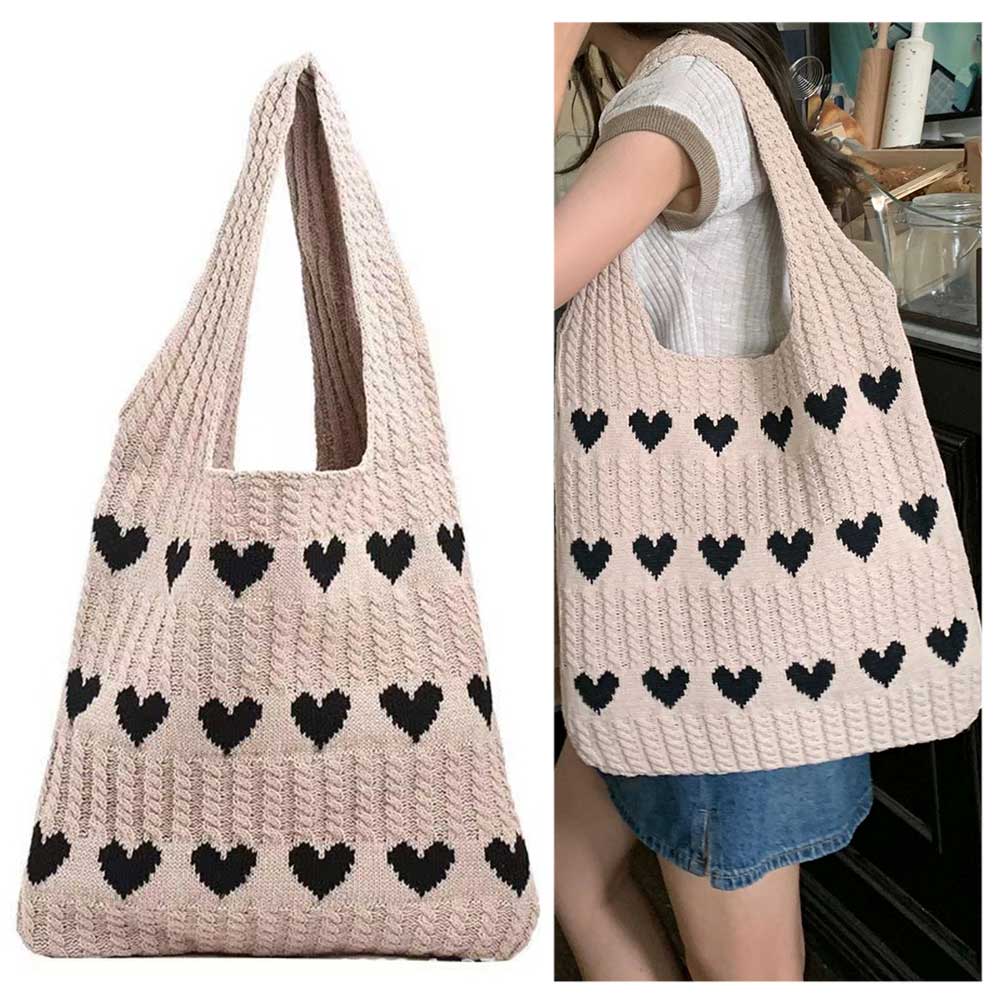 Women Knit Love Tote Bag Color Blocking Lightweight Handbag Large Capacity Shoulder Storage Bag Crochet Satchel Bag Shopping Bag