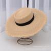 Spring and Summer New Ring Flat Top Black Webbing Raffia Big Eaves Hat Women's Sunshade Burr Edge Beach Straw Hat