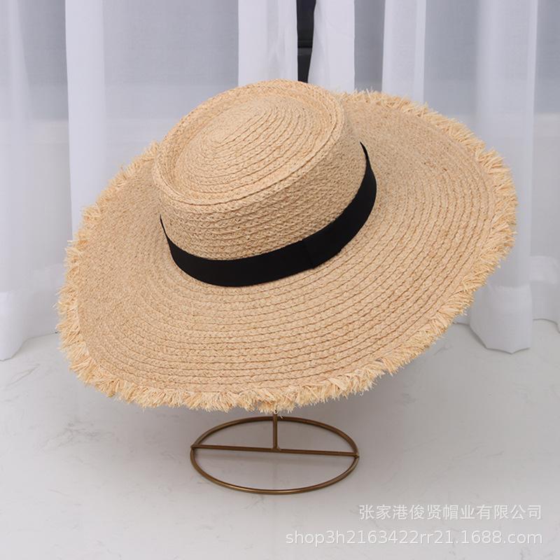 Spring and Summer New Ring Flat Top Black Webbing Raffia Big Eaves Hat Women's Sunshade Burr Edge Beach Straw Hat
