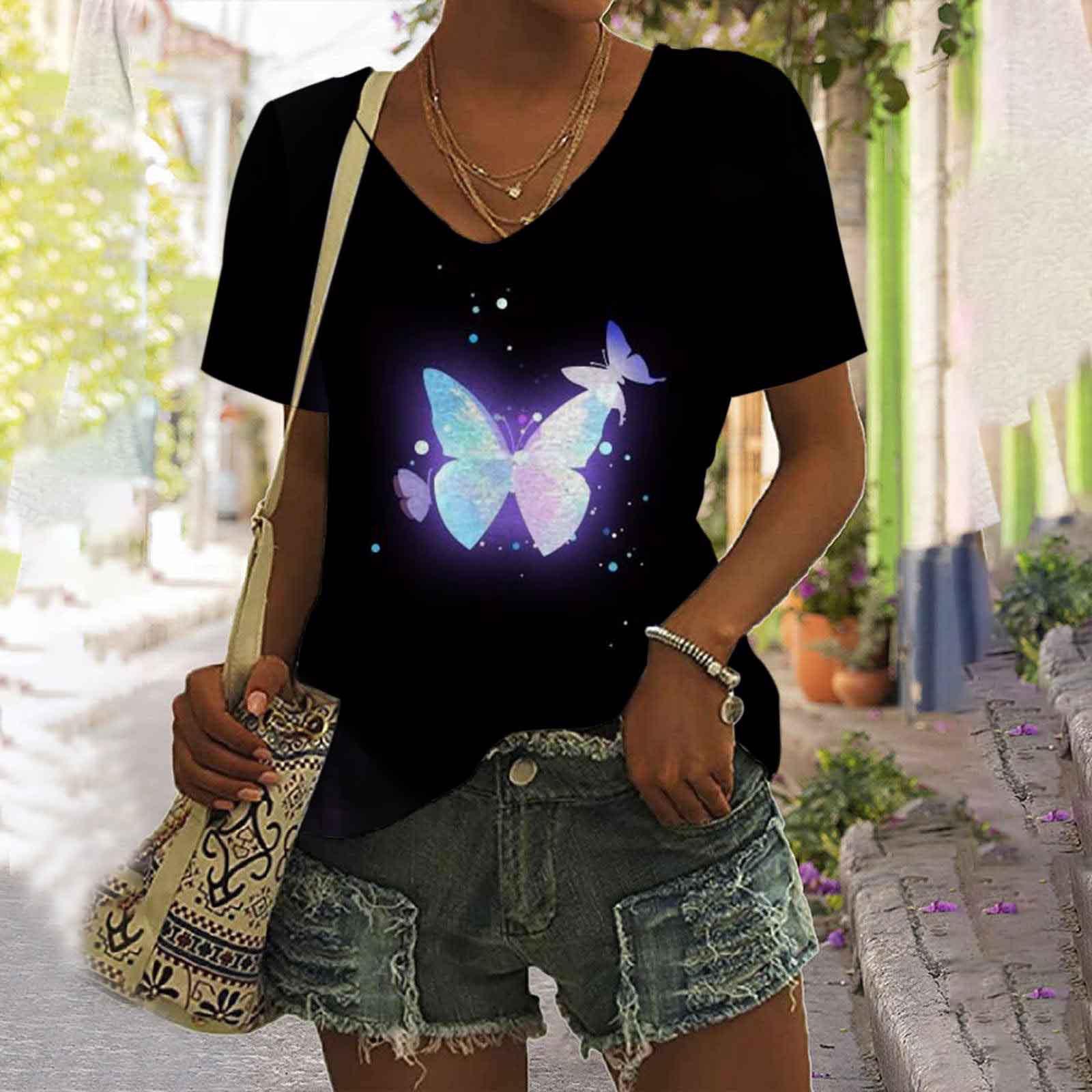 Женская футболка с V-образным вырезом и цифровым принтом в виде бабочки в стиле ретро — фото 8