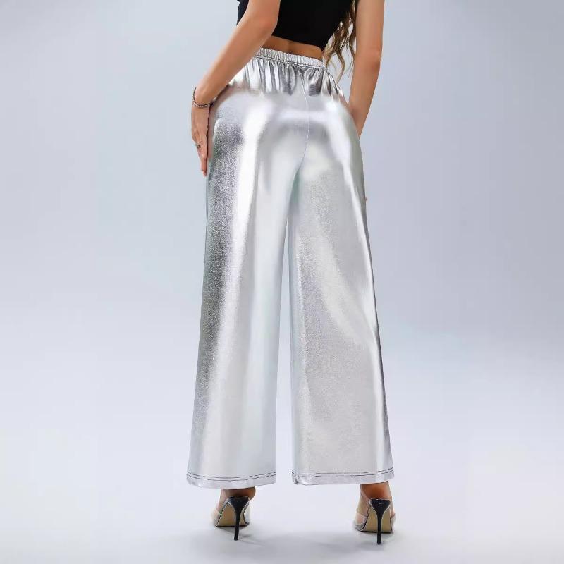 Women High Waist Loose Silver Hot Stamping Wide Leg Casual Long Pants