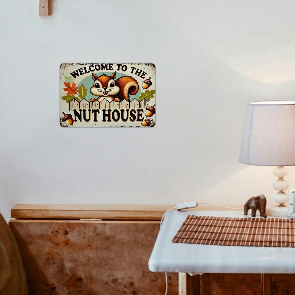 Welcome To The Nut House Sign - Cute Squirrel Vintage Aluminum Plaque Rustic Fall Outdoor Lawn Decor, Whimsical Design