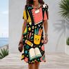 Women Plus Size Round Neck Short Sleeve Cartoon Excavator Printed A Line Dress